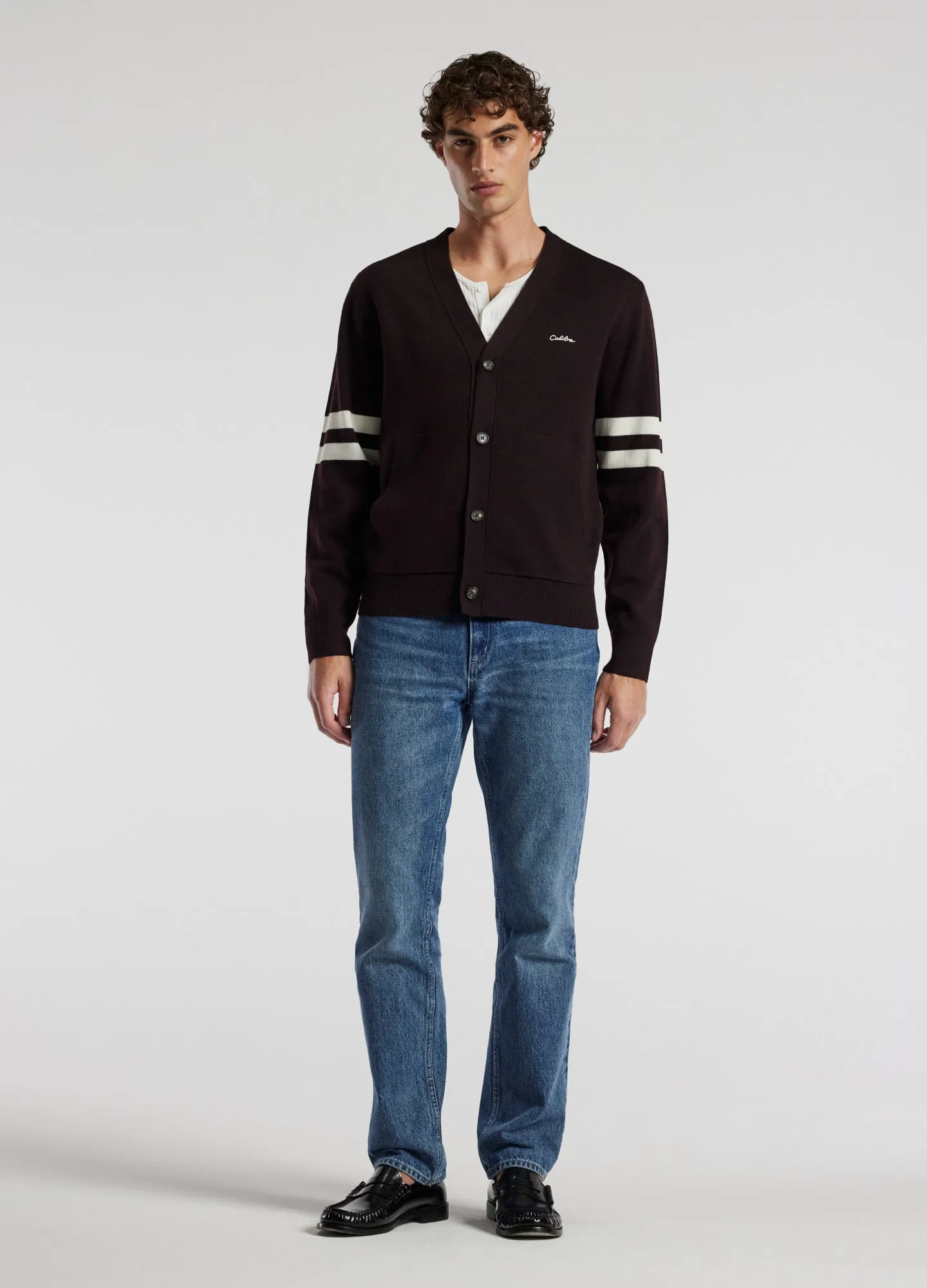 Varsity Cardigan Aubergine sold by Calibre