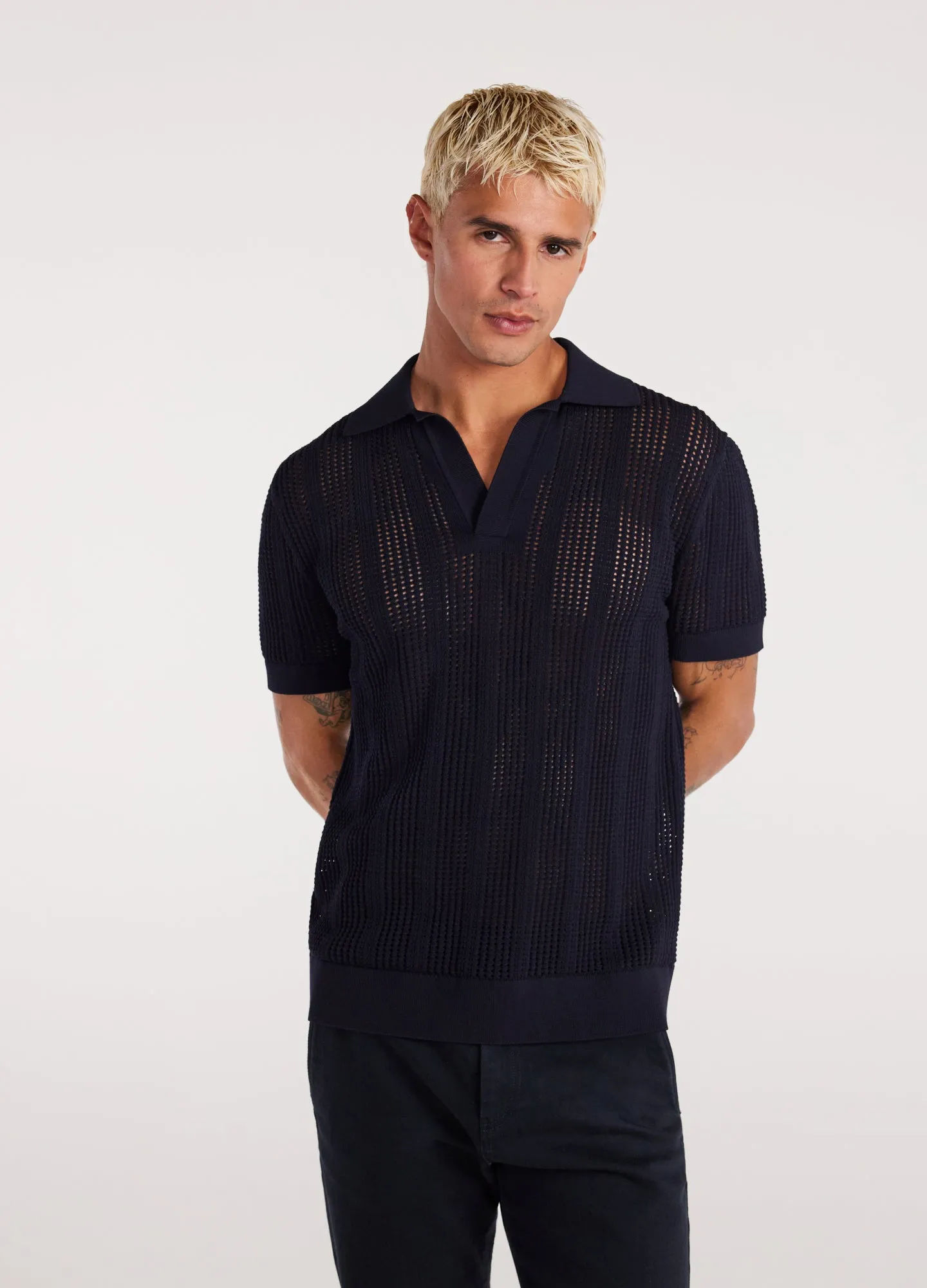Self Stripe Mesh Knit Polo Navy sold by Calibre