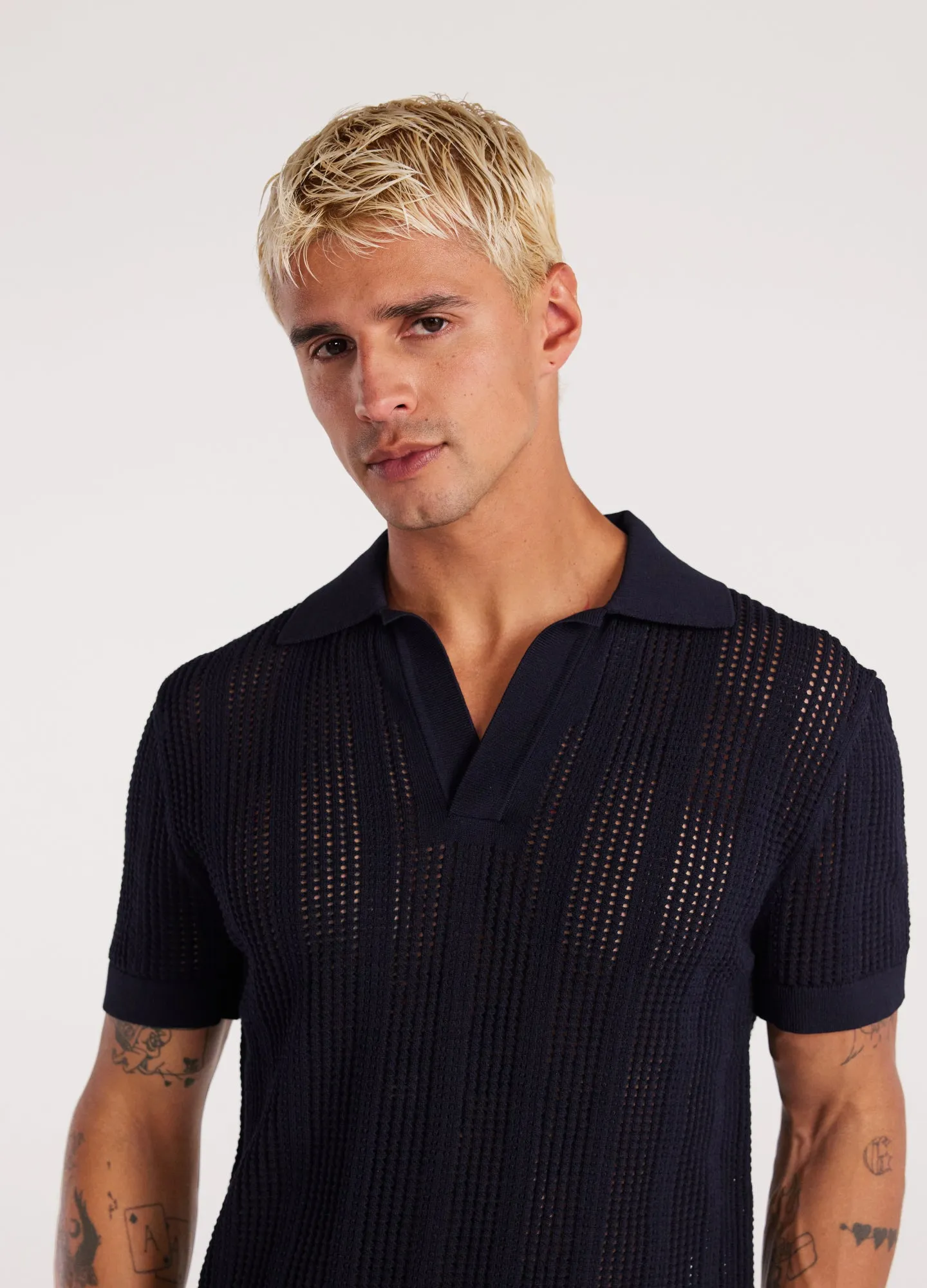 Self Stripe Mesh Knit Polo Navy sold by Calibre product image thumbnail 4