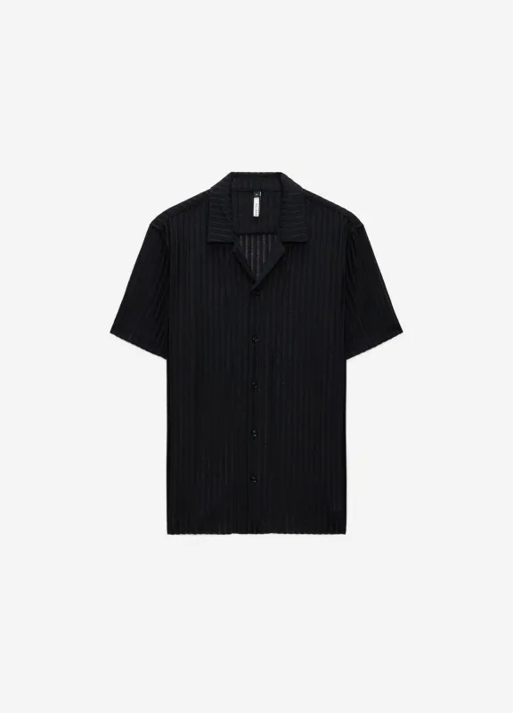 Striped Open Knit Short Sleeve Shirt Black sold by Calibre