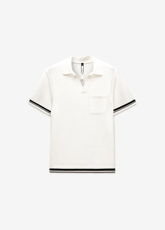 Striped Trim Textured Knit Polo Off White sold by Calibre