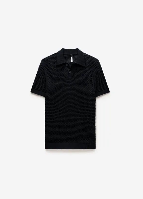 Textured Open Knit Polo Black sold by Calibre
