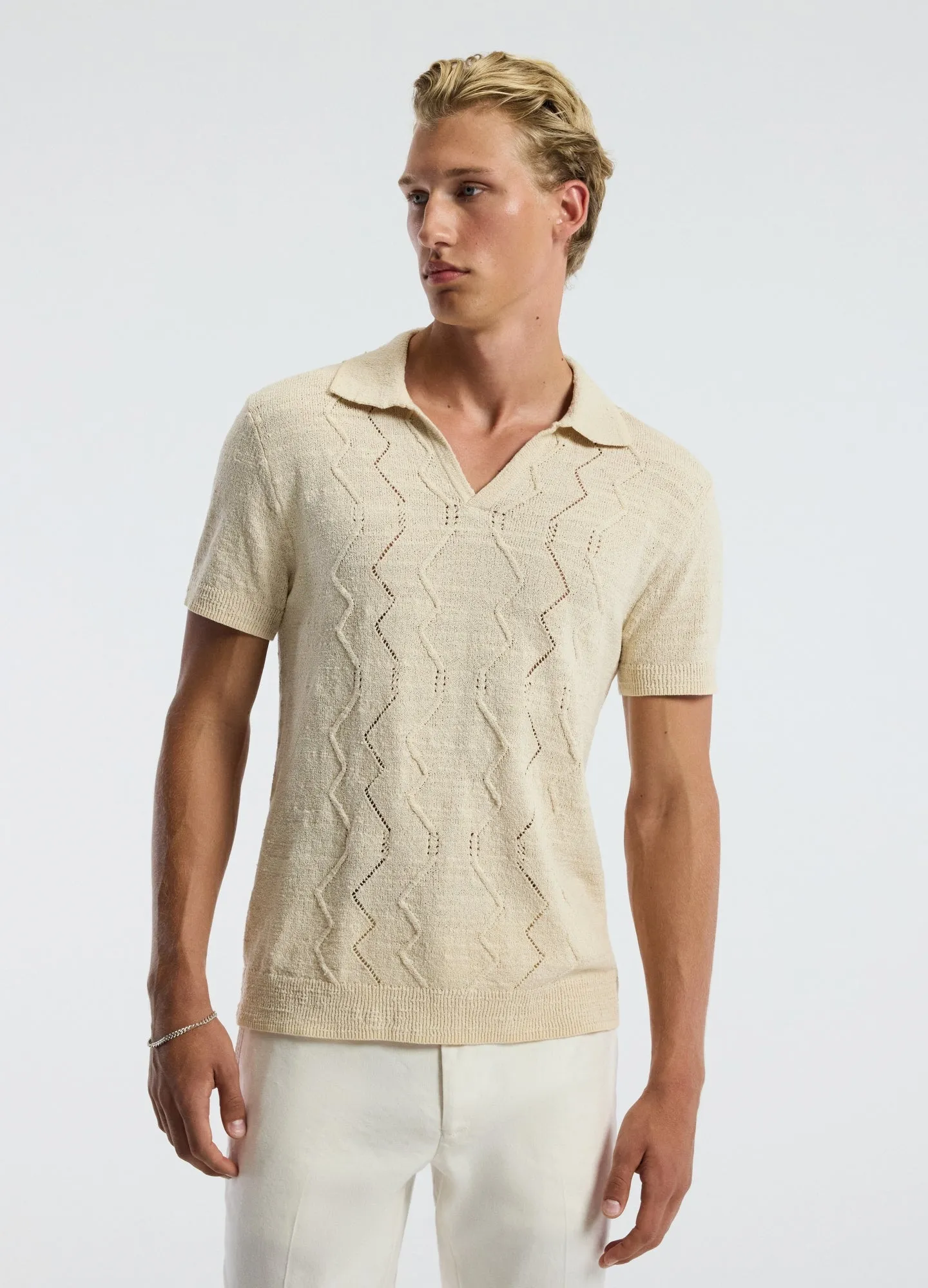 Bouclé Open Neck Polo Biscuit sold by Calibre product image thumbnail 3