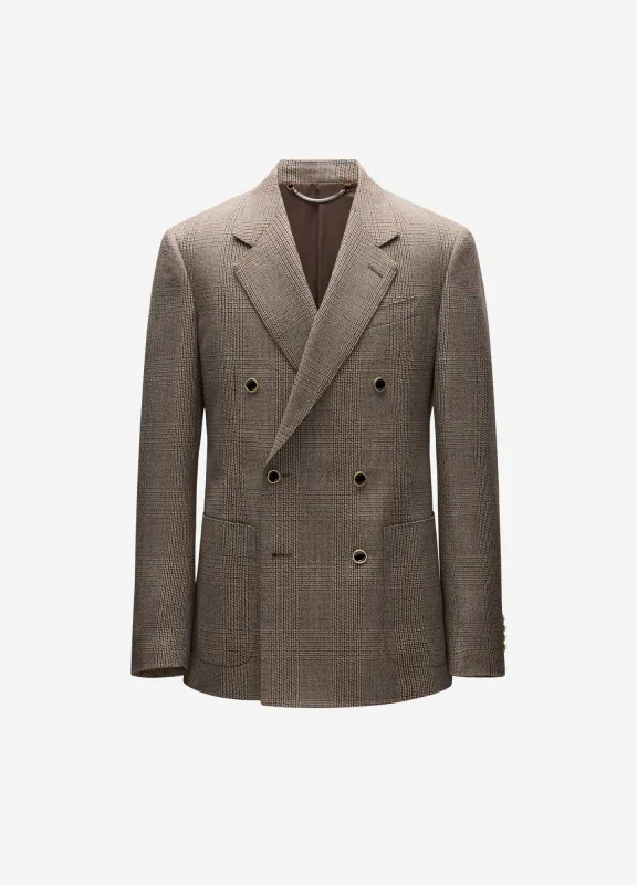 Double-Breasted Glen Check Wool Blazer Mahogany made by Calibre