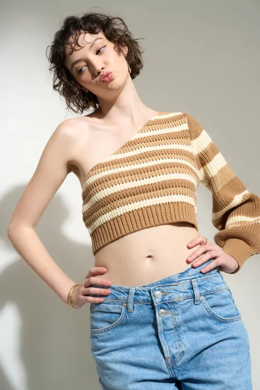 Amelie One Shoulder Top - Khaki Stripe - Sample sold by Callahan