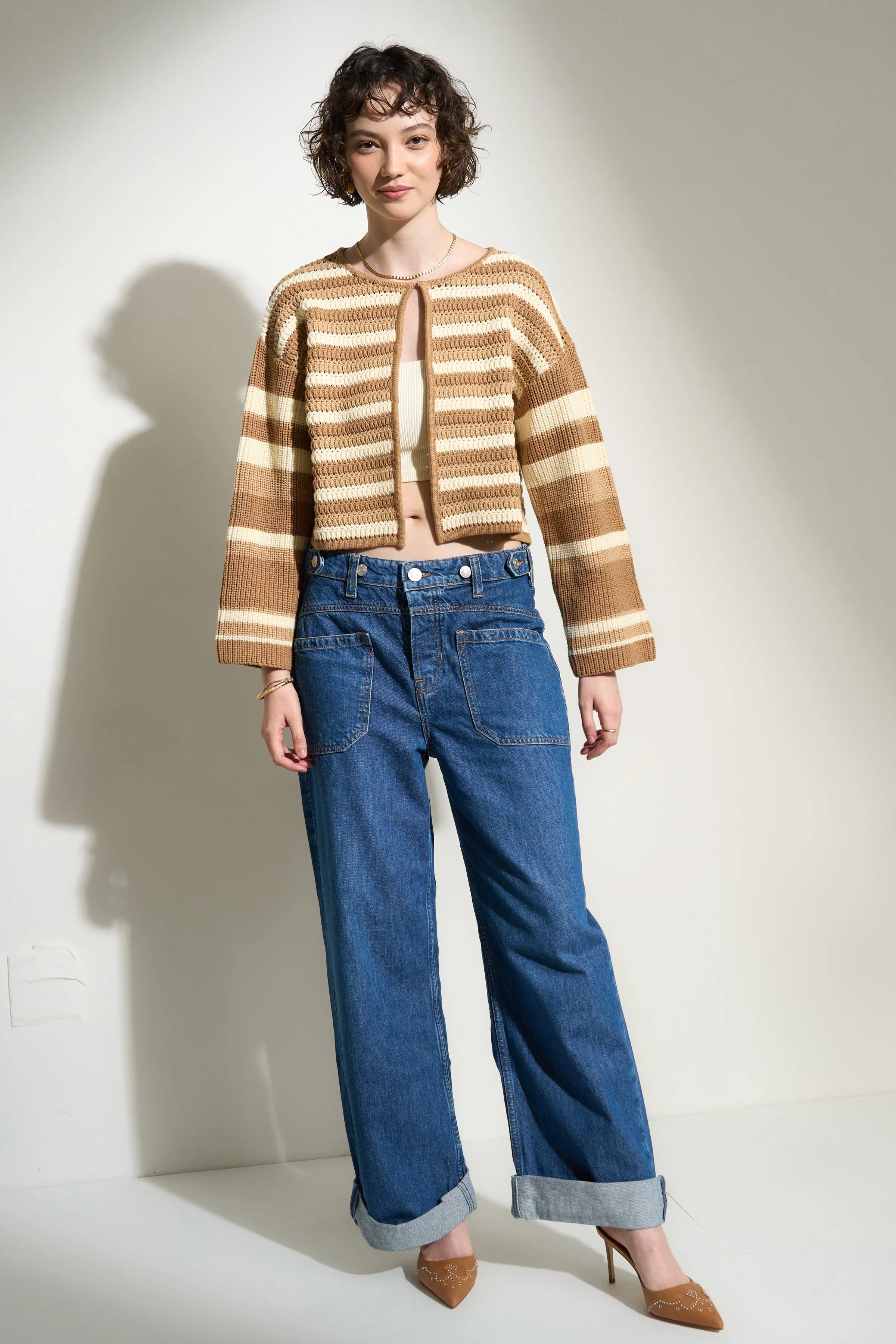 Harriet Cardigan - Khaki Stripe - Sample sold by Callahan