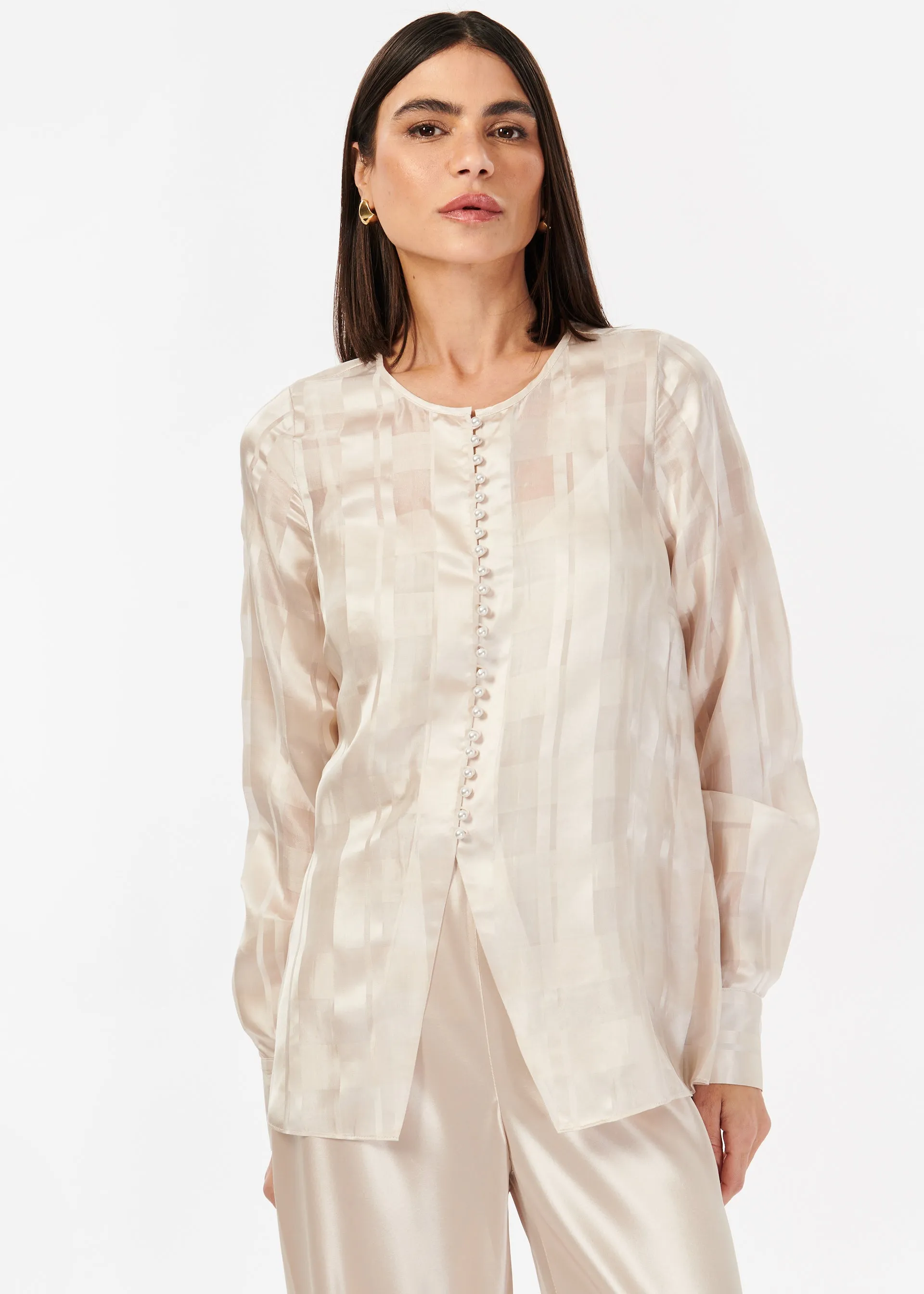 Idina Plaid Jacquard Blouse Oat sold by Cami NYC
