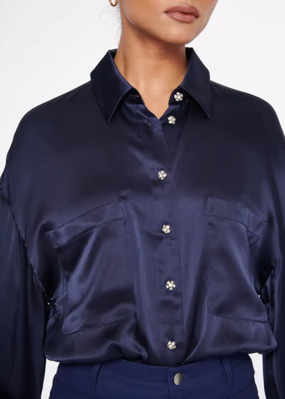 Belkis Charmeuse Bodysuit Navy sold by Cami NYC