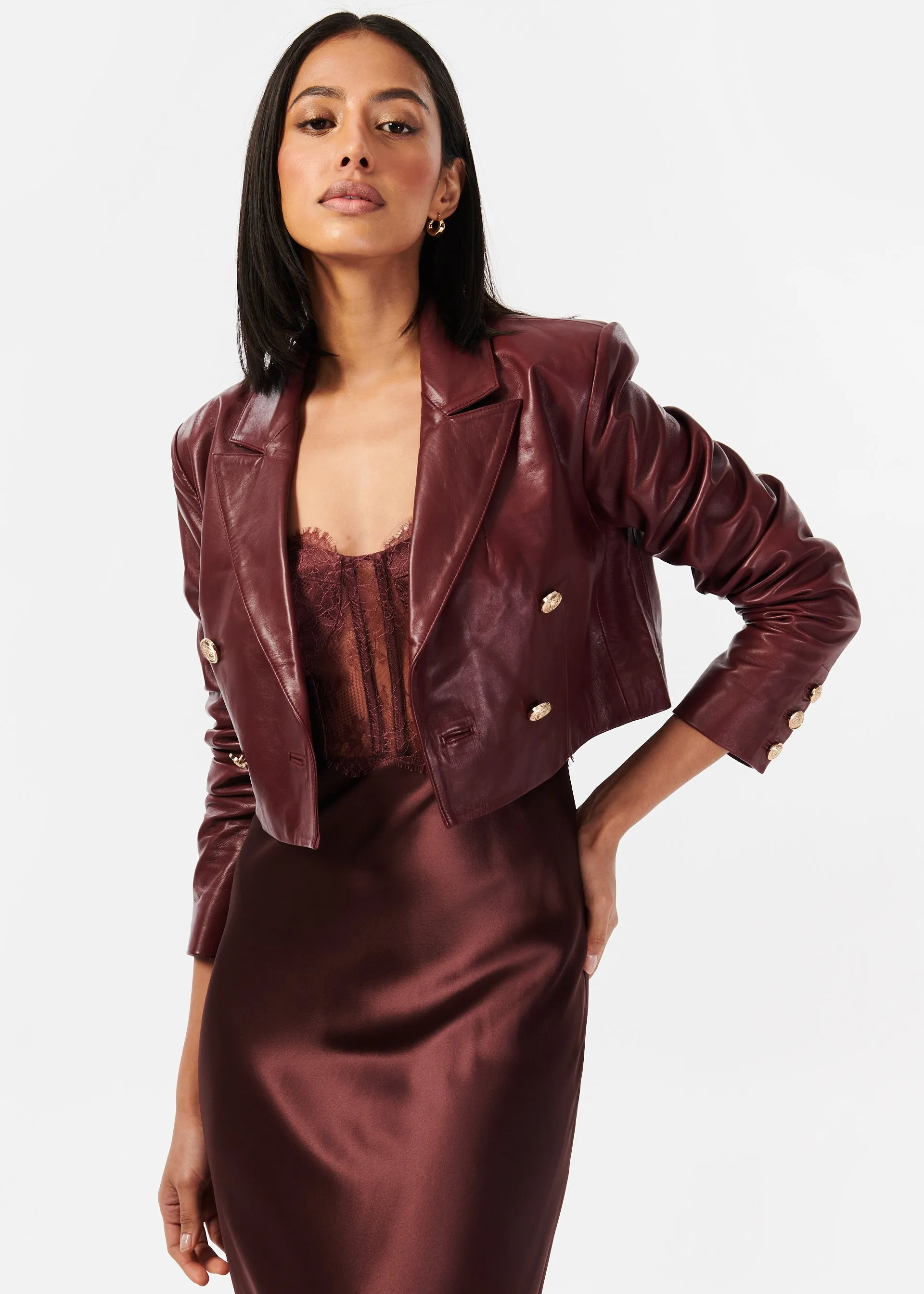 Boa Genuine Leather Cropped Jacket Cranberry sold by Cami NYC