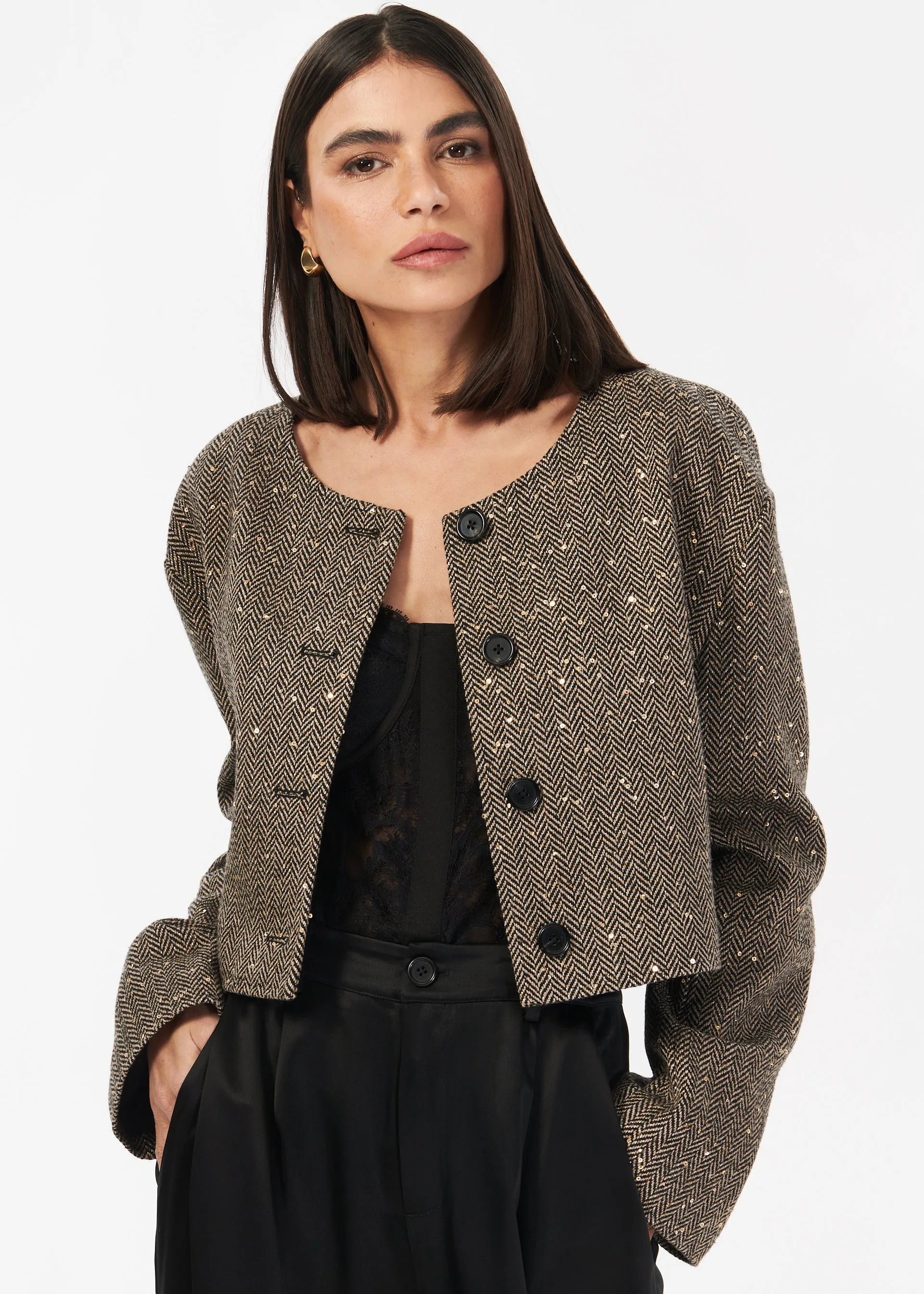 Serrano Sequin Tweed Cropped Jacket Black and Tan sold by CAMI