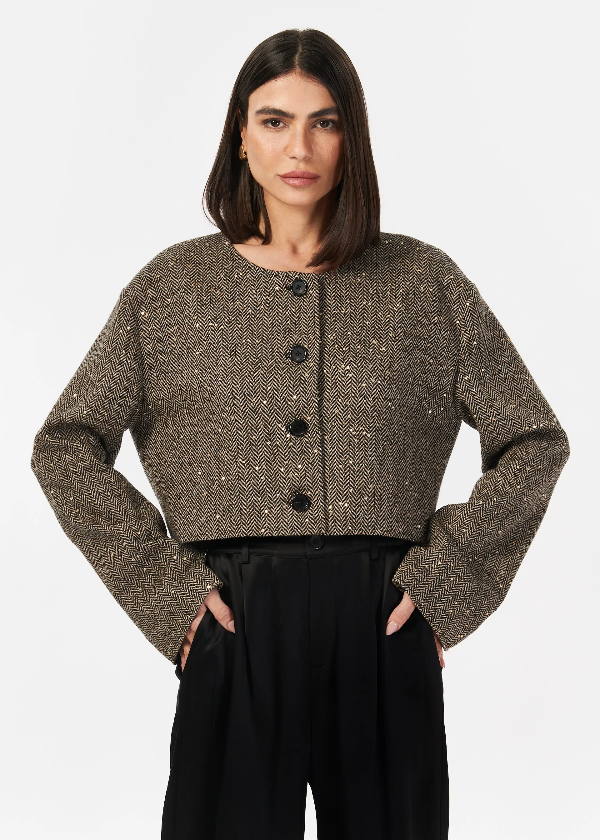 Serrano Sequin Tweed Cropped Jacket Black and Tan sold by CAMI product image thumbnail 3