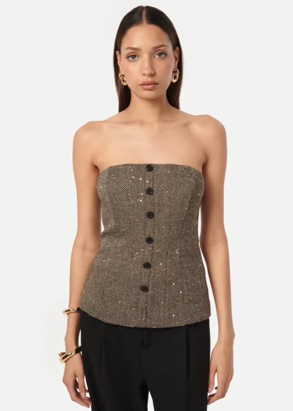 Elliot Sequin Tweed Top Black and Tan sold by CAMI