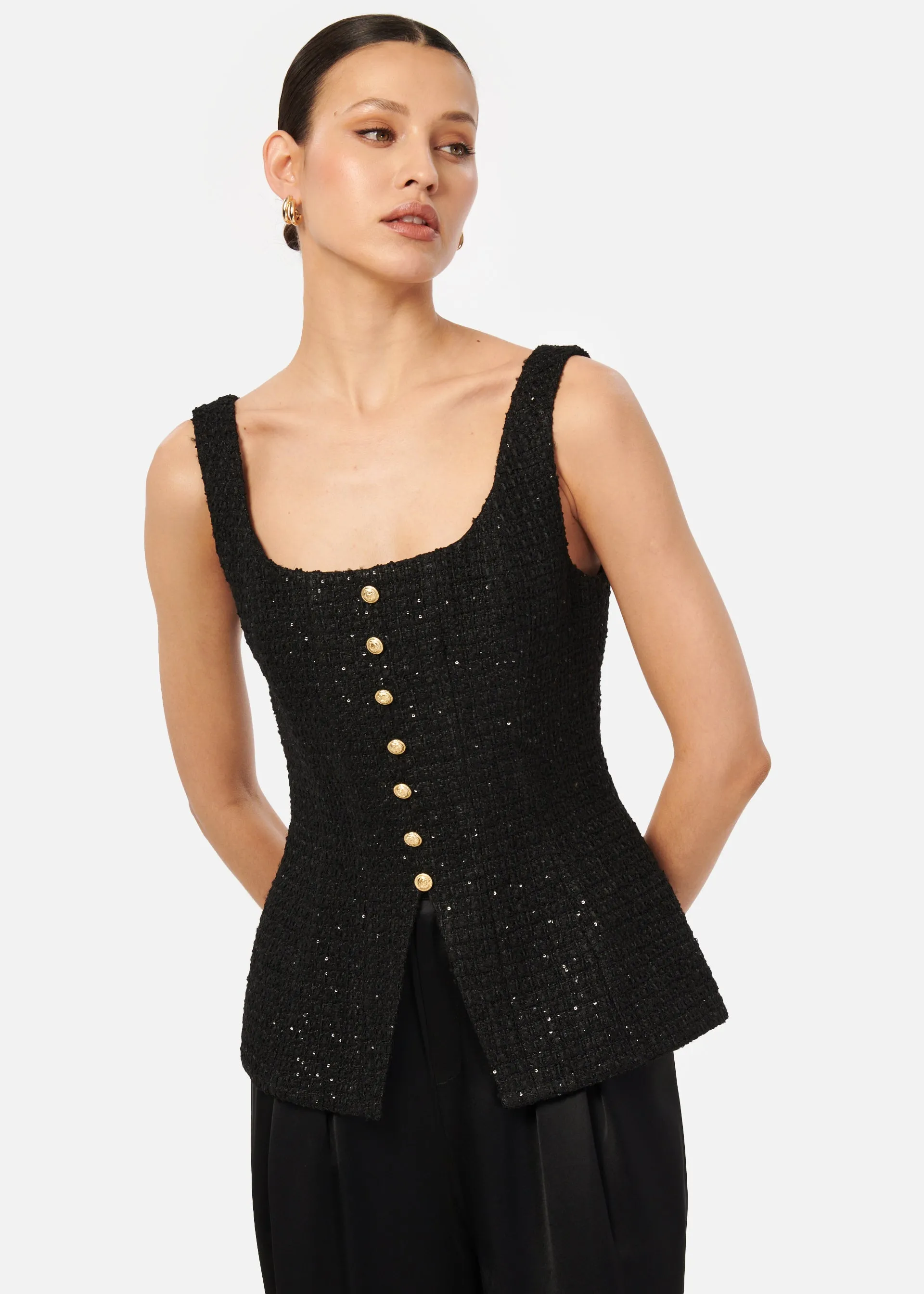 Rosita Sequin Tweed Top Black sold by CAMI