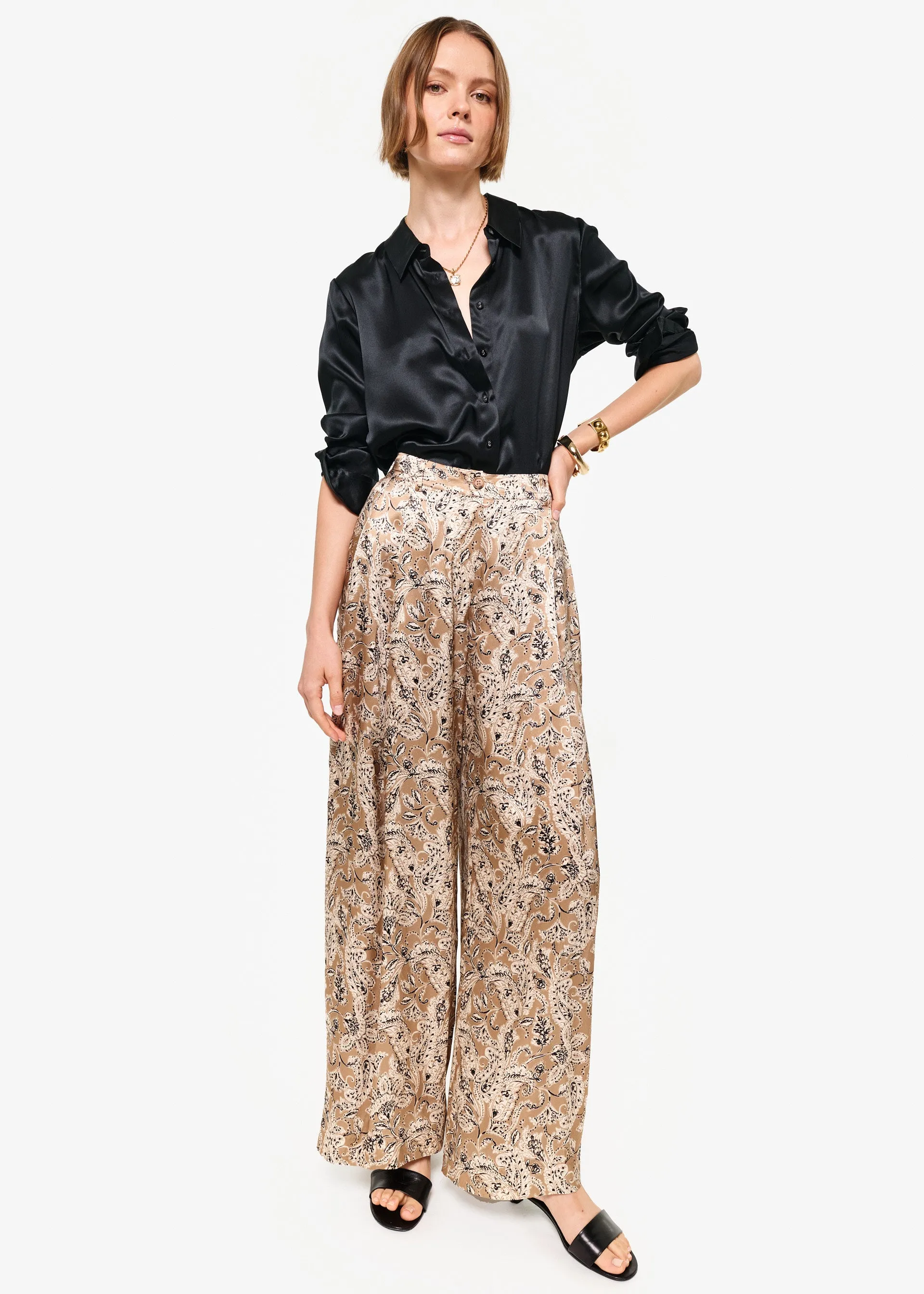 Fabian High Rise Charmeuse Pant Neutral Paisley sold by Cami NYC product image thumbnail 3