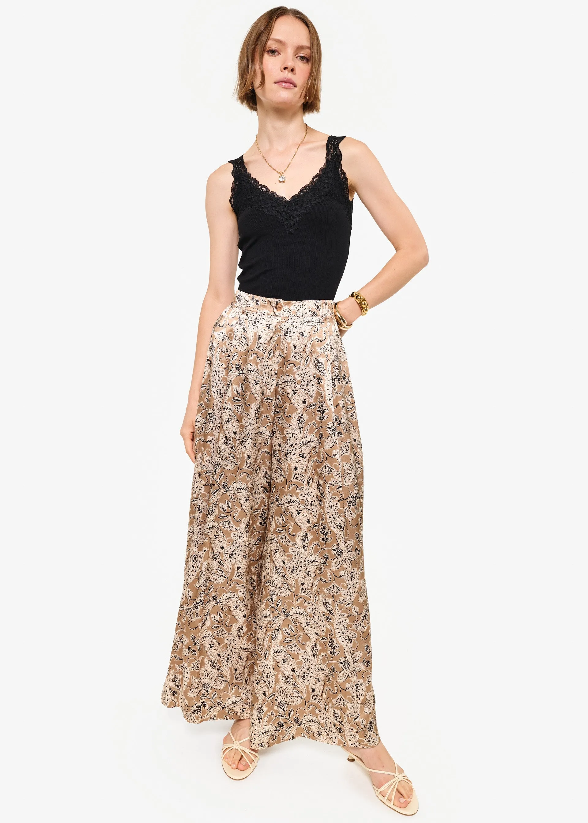 Fabian High Rise Charmeuse Pant Neutral Paisley sold by Cami NYC product image thumbnail 2