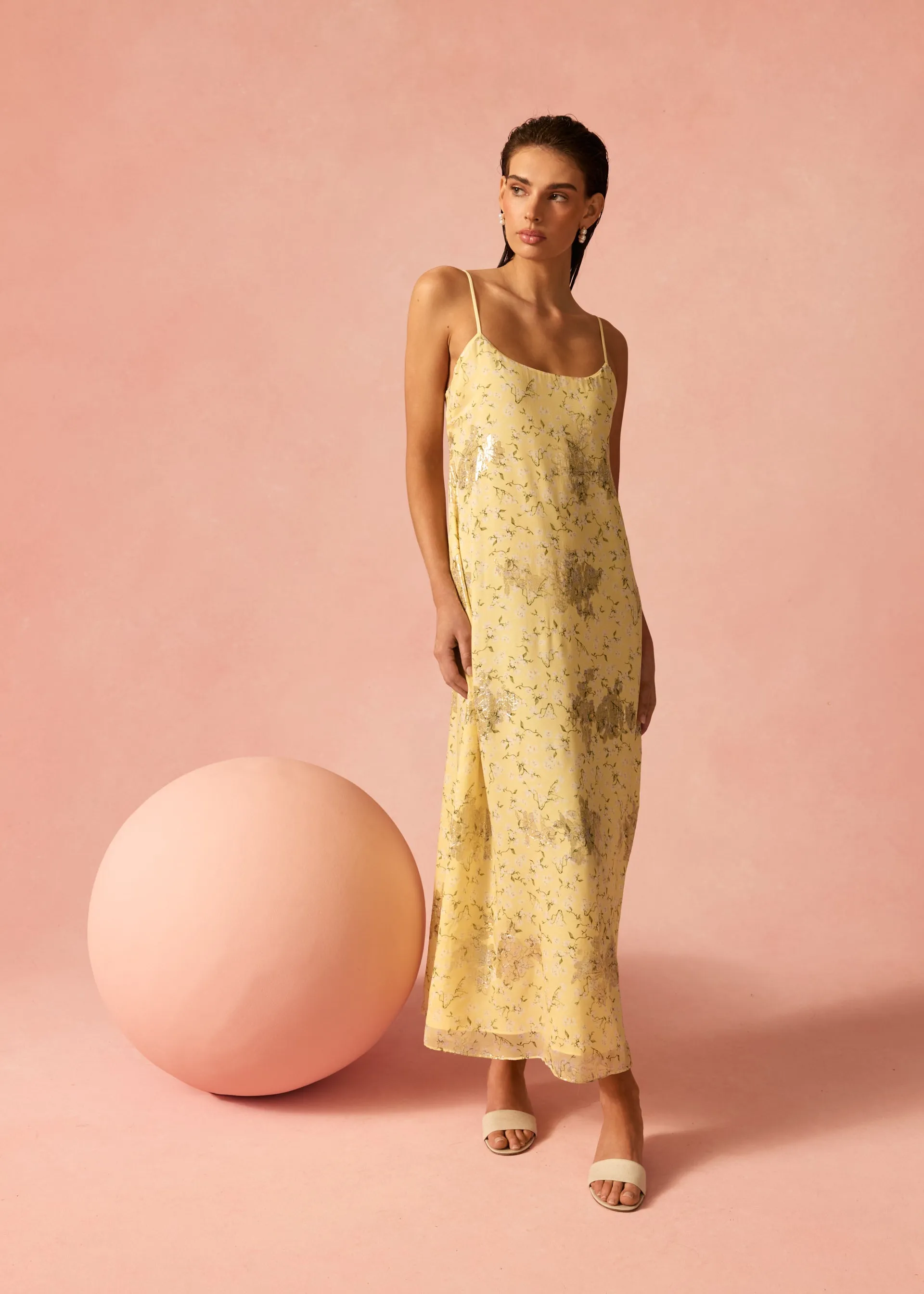 Luz Metallic Chiffon Dress Yellow Magnolia sold by Cami NYC
