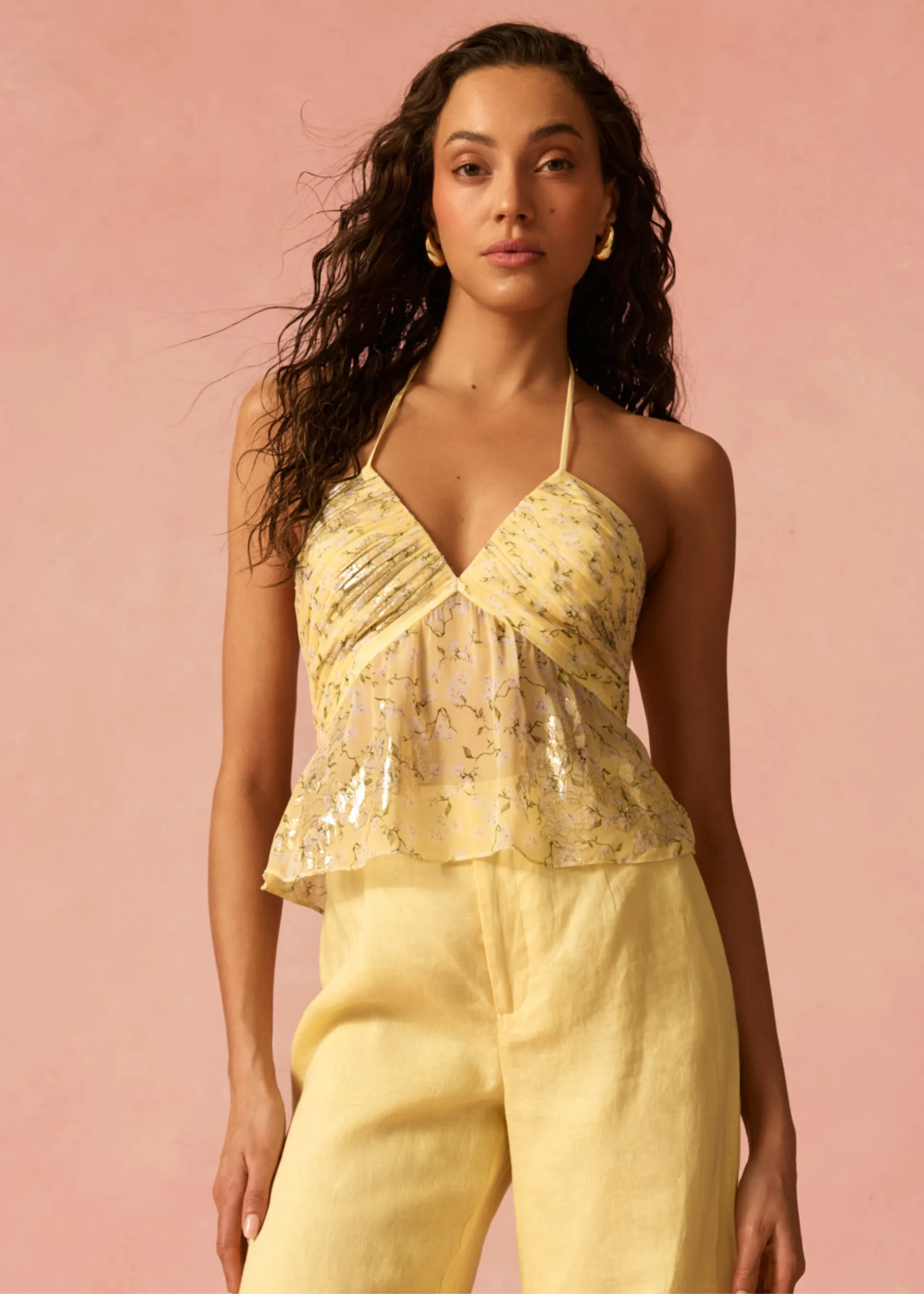 Rhea Metallic Chiffon Camisole Yellow Magnolia sold by Cami NYC