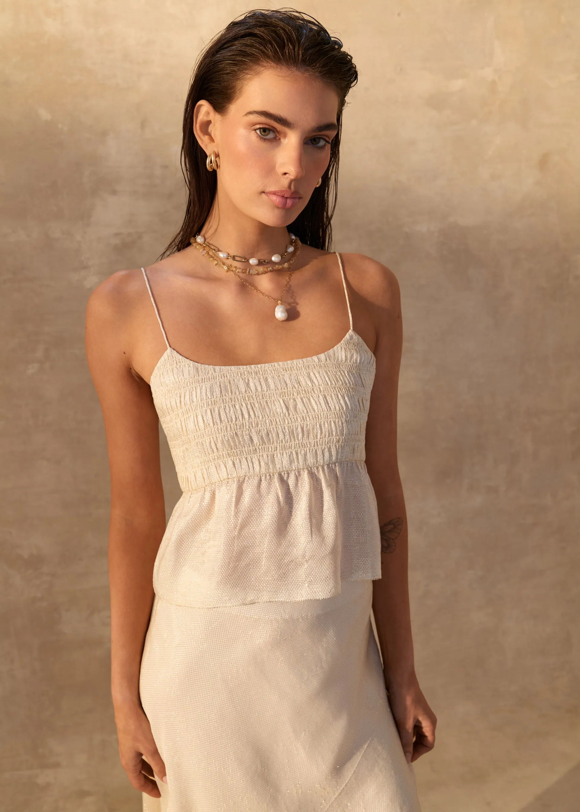 Alysin Metallic Silk Camisole Cream sold by CAMI