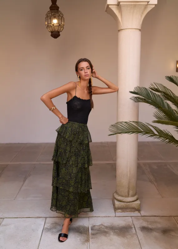 Gaia Metallic Chiffon Tiered Maxi Skirt Forest Paisley sold by CAMI