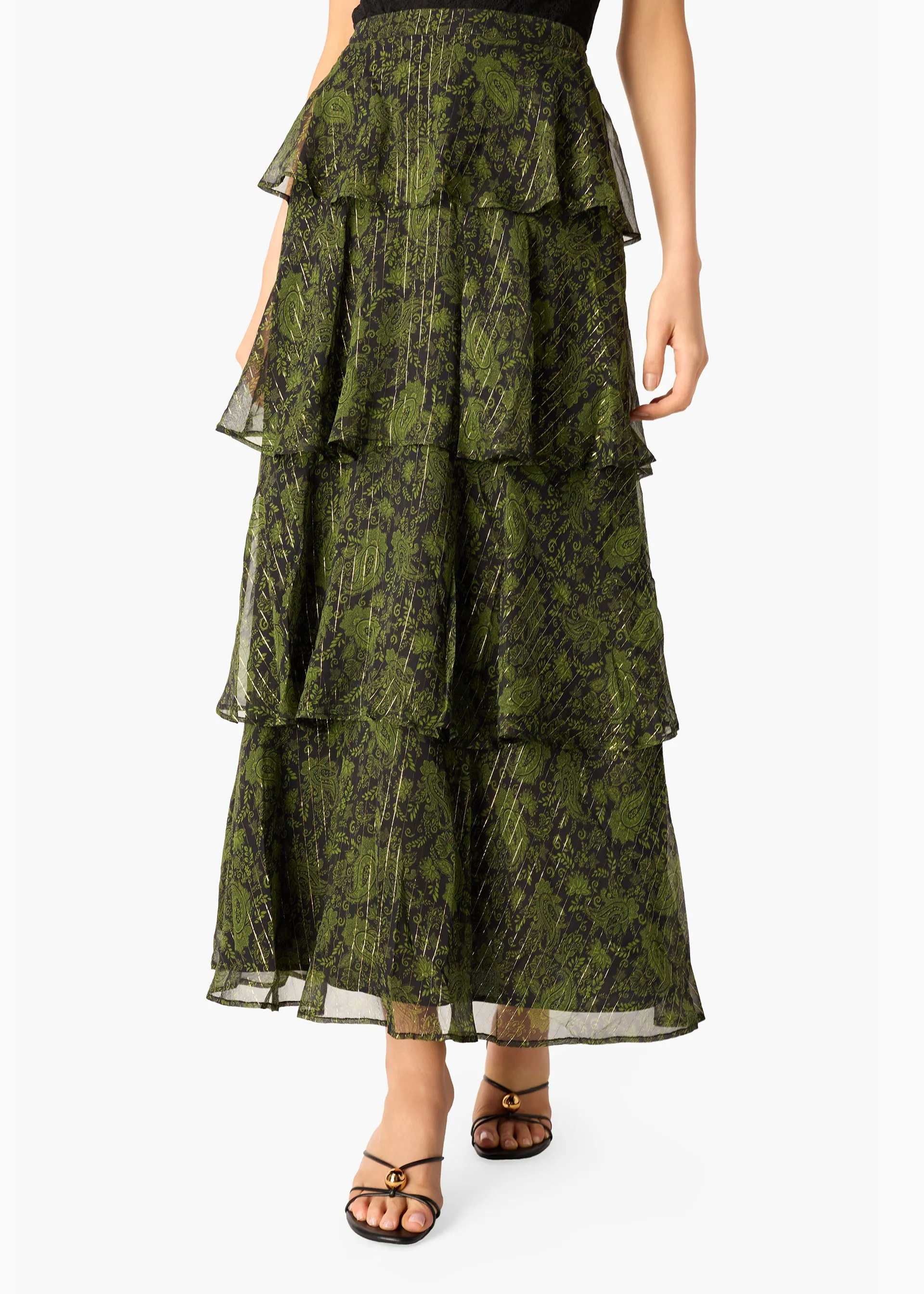 Gaia Metallic Chiffon Tiered Maxi Skirt Forest Paisley sold by CAMI product image thumbnail 4