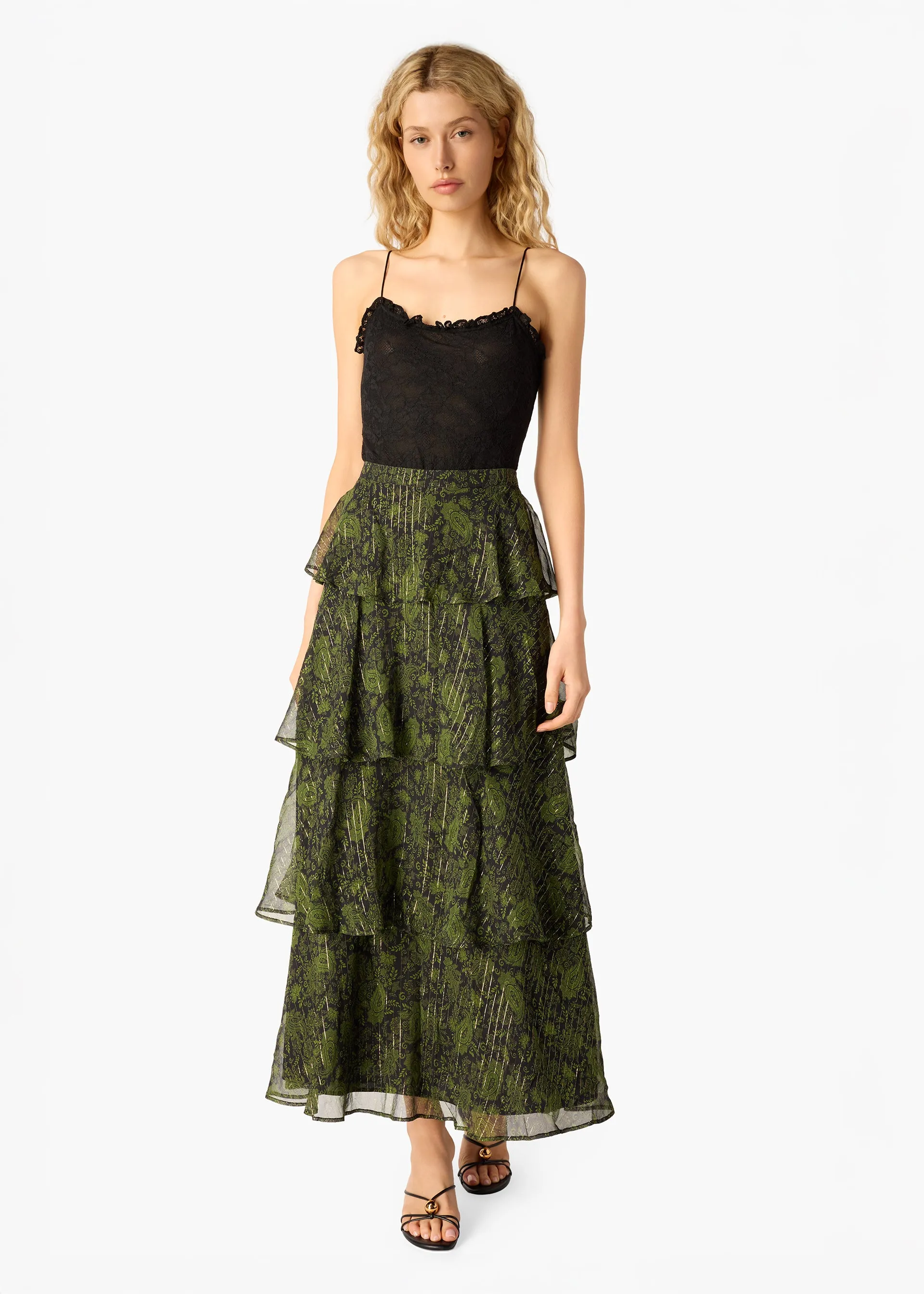 Gaia Metallic Chiffon Tiered Maxi Skirt Forest Paisley sold by CAMI product image thumbnail 3