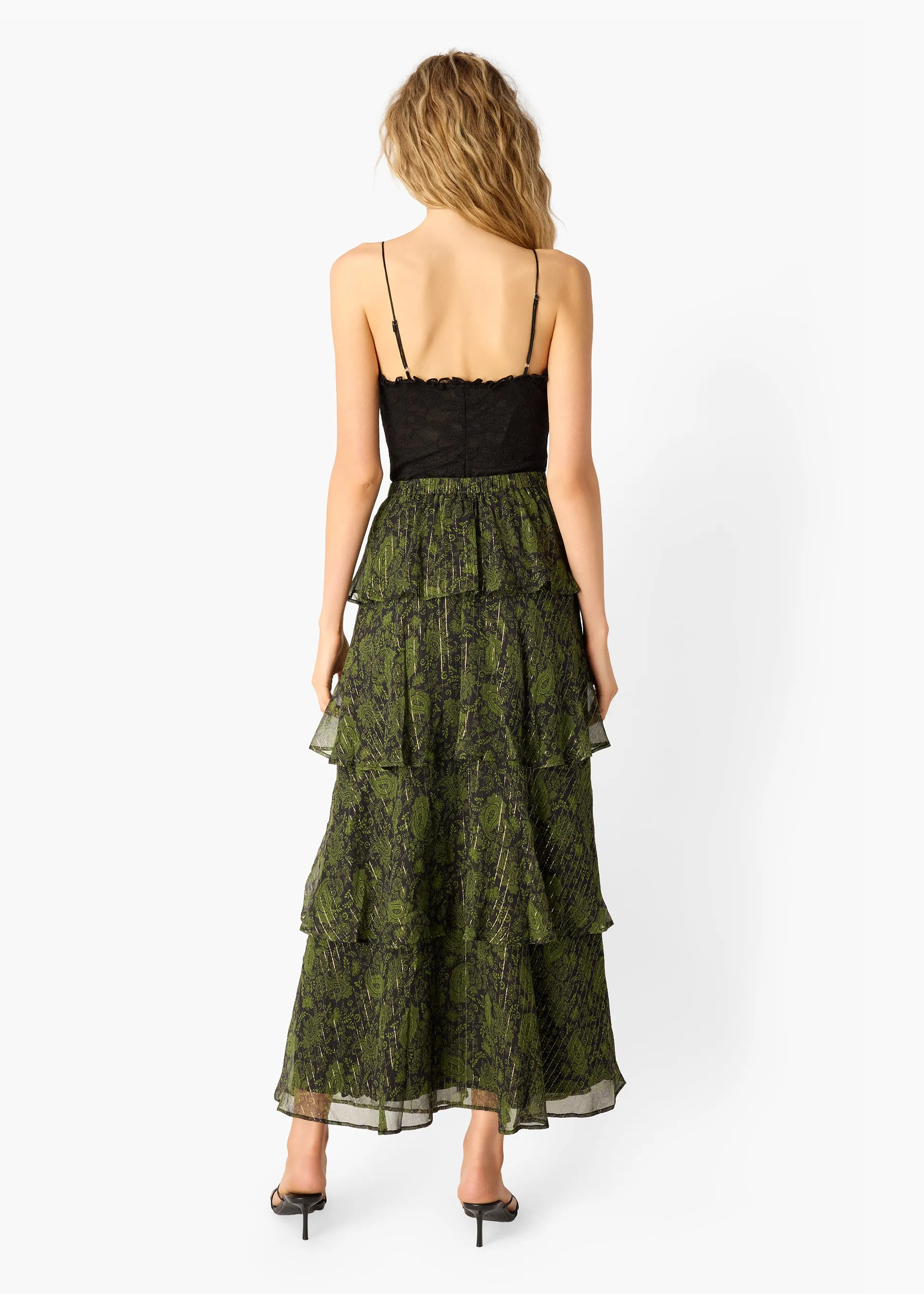 Gaia Metallic Chiffon Tiered Maxi Skirt Forest Paisley sold by CAMI product image thumbnail 5