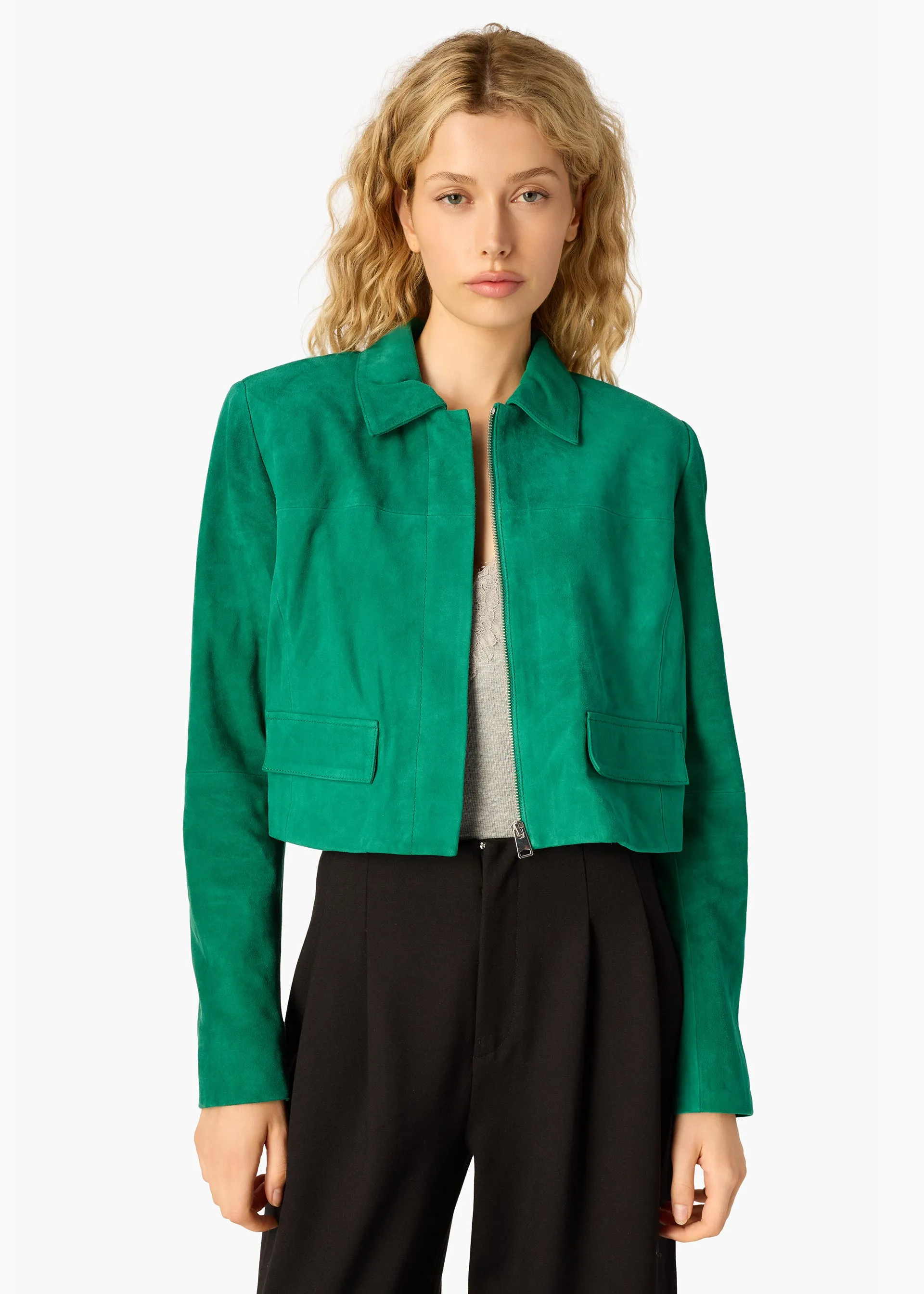 Sullivan Suede Cropped Jacket Verdant sold by Cami NYC