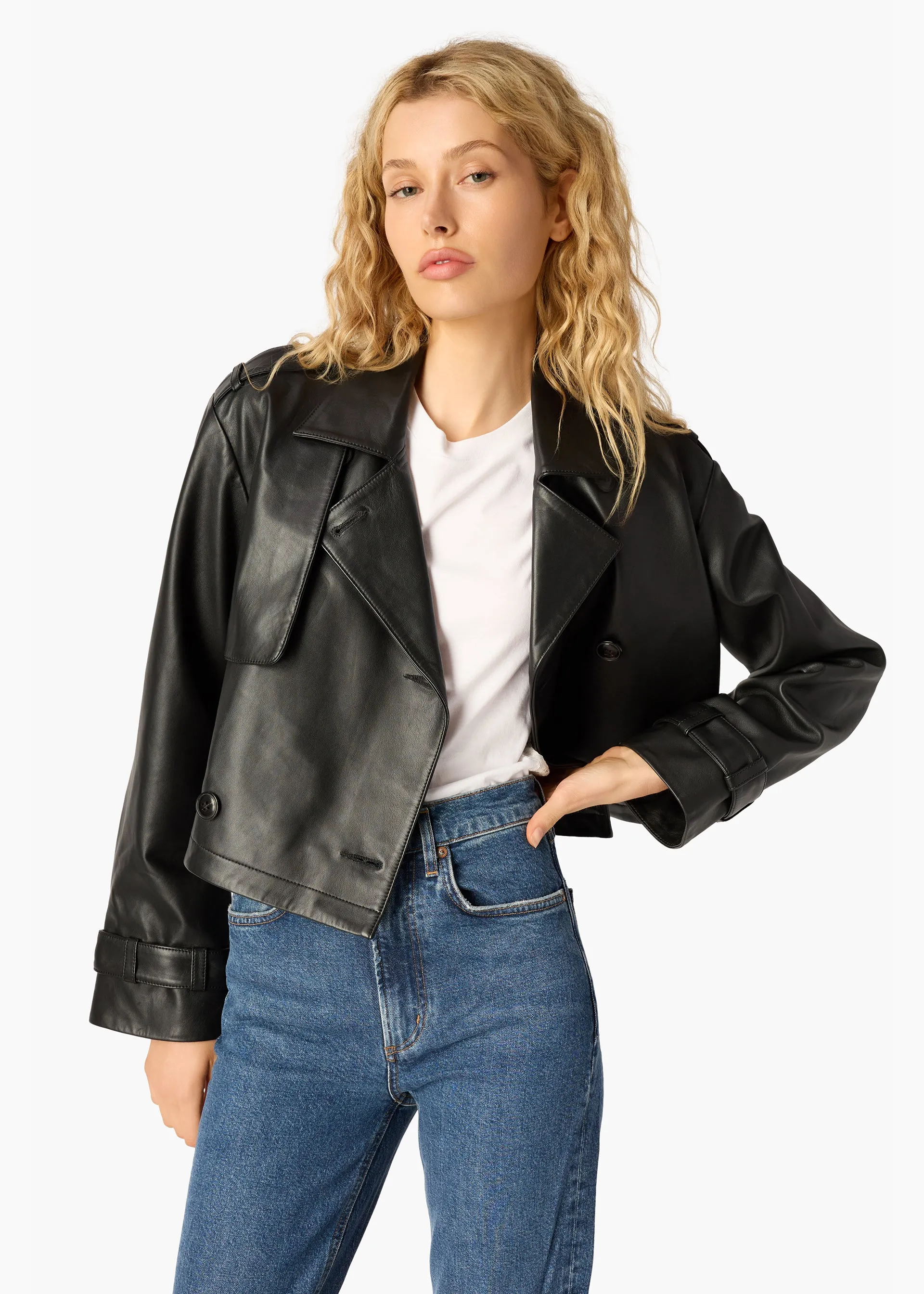 Saskia Genuine Leather Cropped Trench Black sold by CAMI