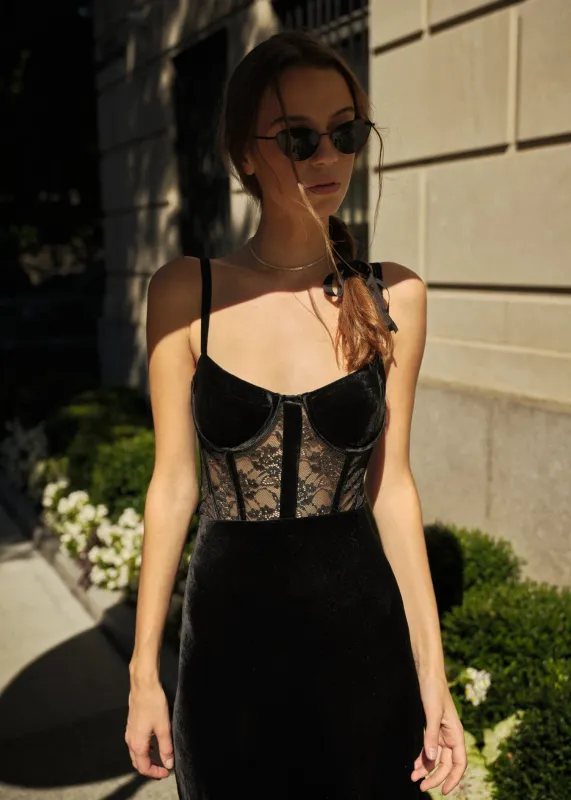 Valentyna Velvet Corset Bodysuit Black sold by Cami NYC