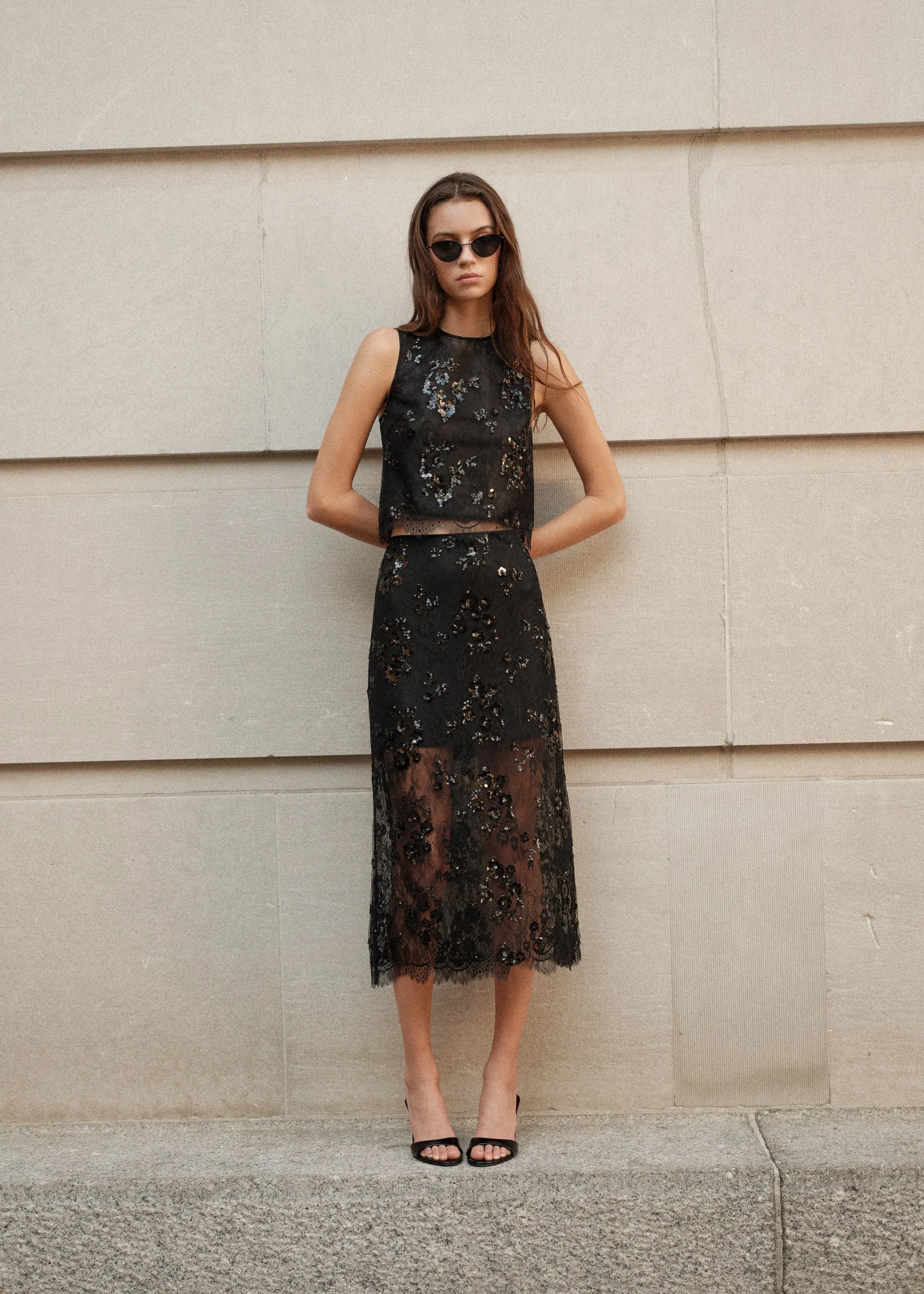 Aylin Sequin Lace Midi Skirt Black sold by CAMI