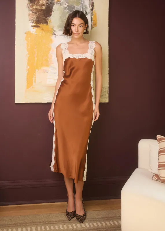 Nichola Silk Midi Dress Maple Syrup made by CAMI