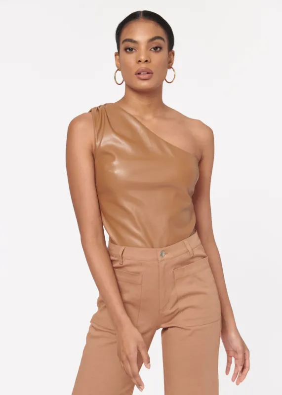 Chrissa Vegan Leather Bodysuit Caramel sold by Cami NYC