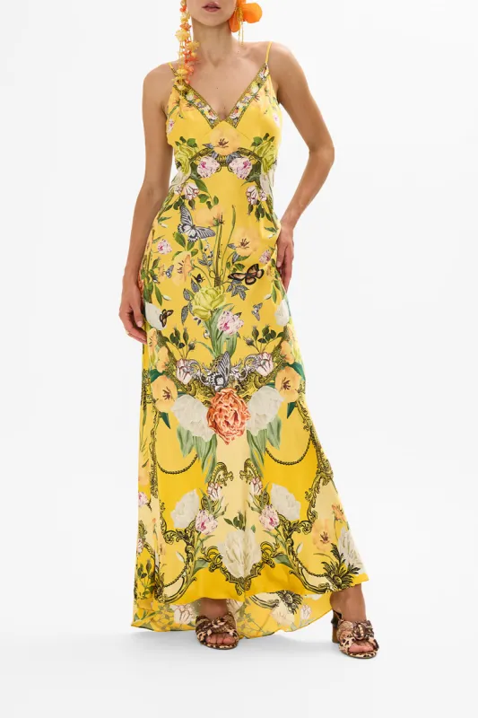 V NECK LONG BIAS SLIP DRESS WITH TRAIN PATHS OF GOLD sold by Camilla