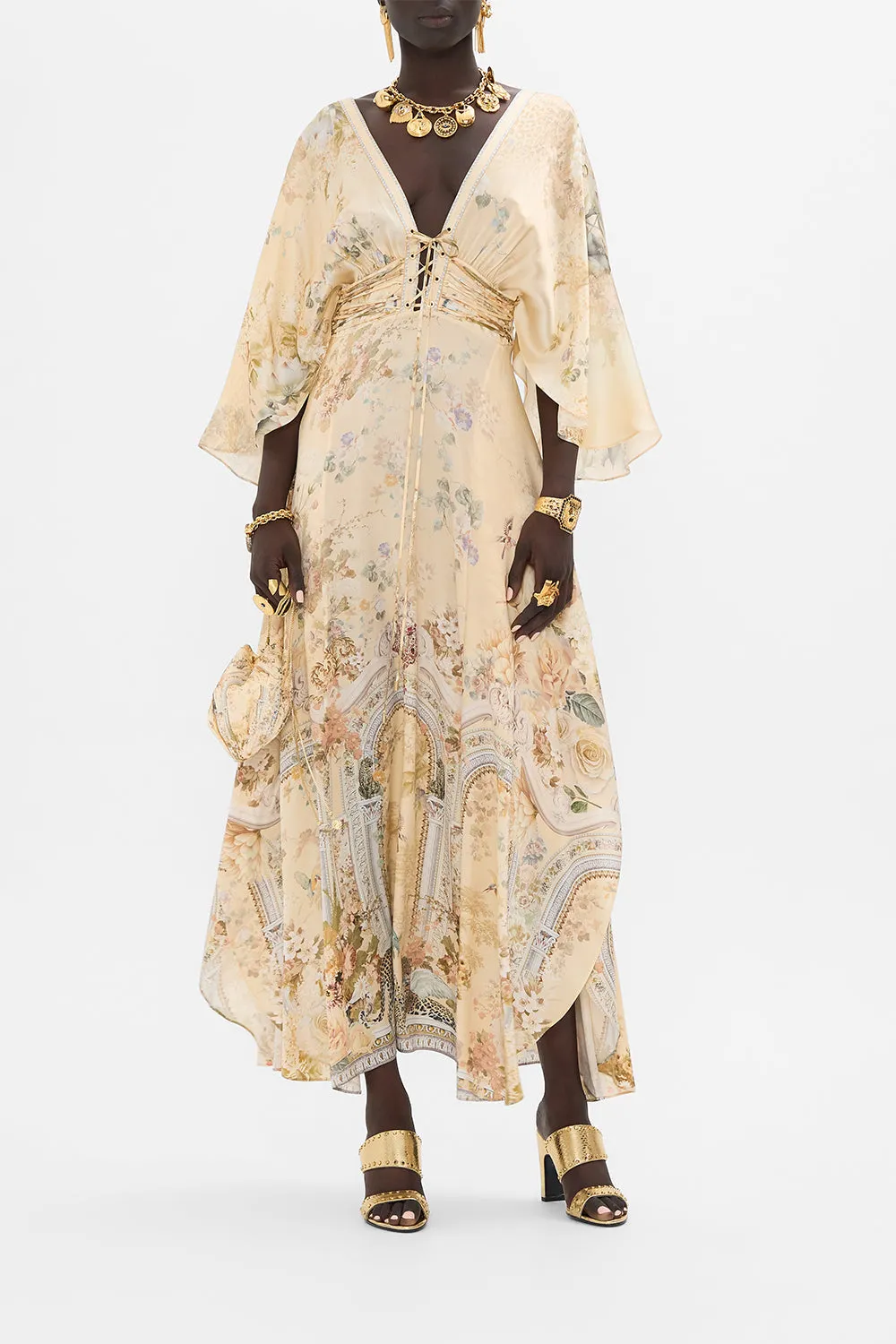 V NECK LACE UP DETAIL LONG DRESS ADORNED IN ANTIQUITY sold by Camilla