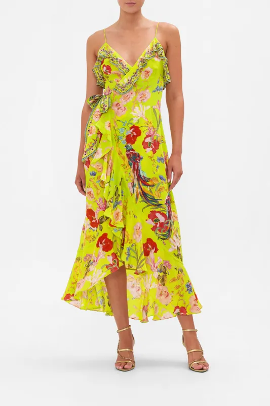 LONG WRAP DRESS WITH FRILL PEACOCK PROUD sold by Camilla
