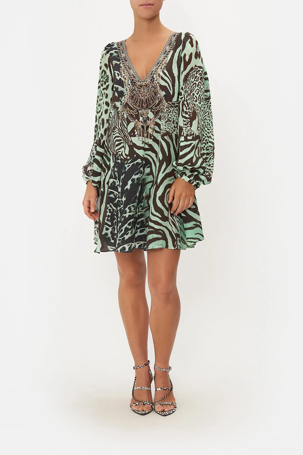 V NECK BLOUSON SLEEVE DRESS LEOPARD LORE sold by Camilla