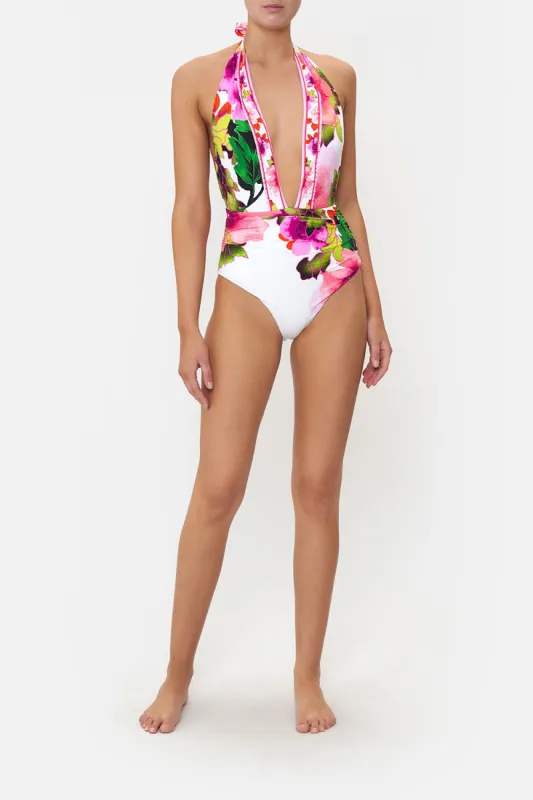PLUNGE NECK HALTER ONE PIECE PRETTY AS A POPPY sold by Camilla