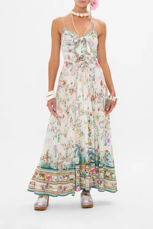 LONG DRESS WITH TIE FRONT PLUMES AND PARTERRES sold by Camilla
