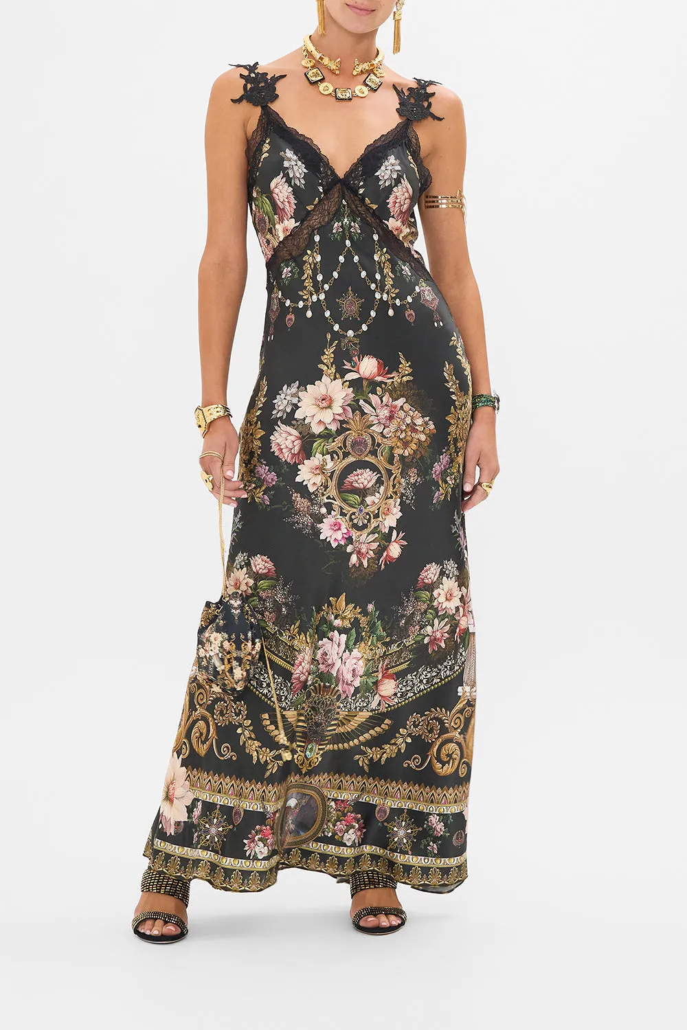 V NECK FULL LENGTH BIAS SLIP DRESS DYNASTY DAZE sold by Camilla