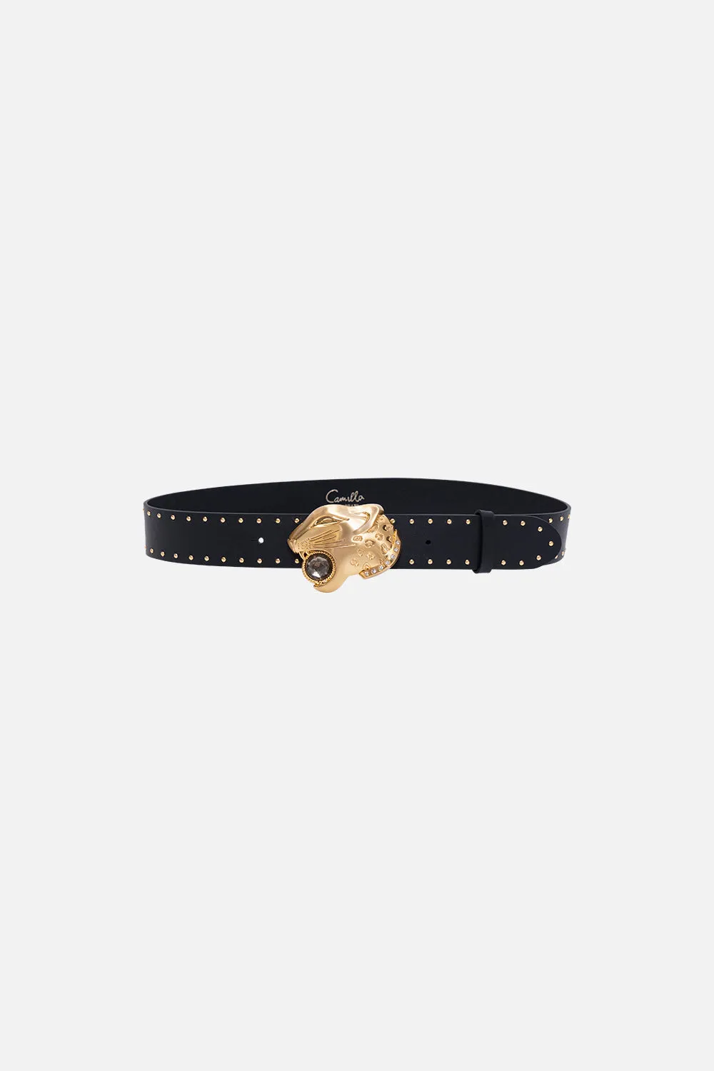 LEOPARD HEAD BUCKLE BELT SOLID BLACK sold by Camilla