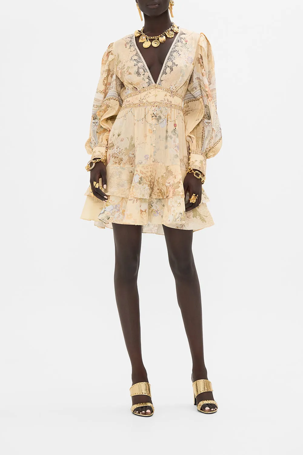 BUTTON FRONT FRILL DRESS ADORNED IN ANTIQUITY sold by Camilla