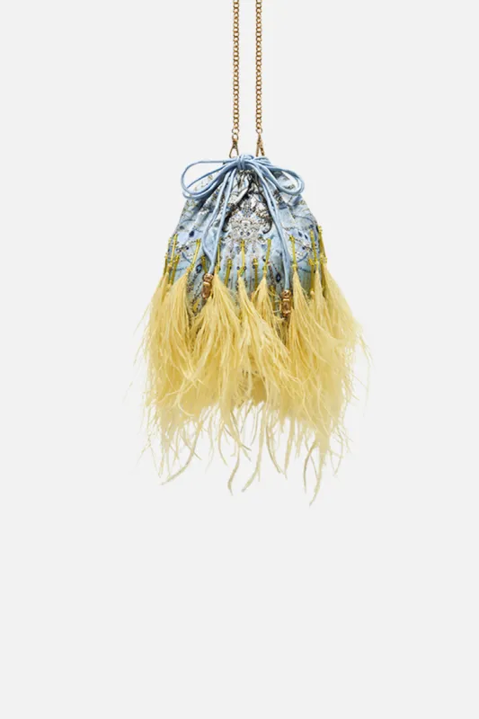 ROUND DRAWSTRING POUCH WITH FEATHERS MOON AND BACK sold by Camilla