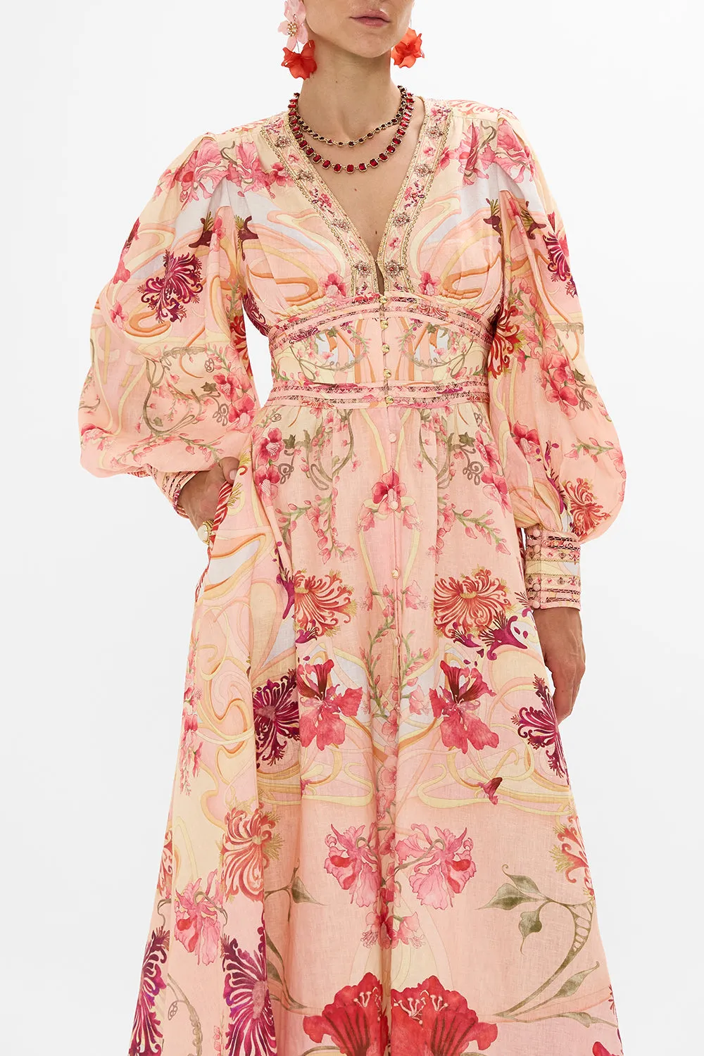 SHAPED WAISTBAND DRESS WITH GATHERED SLEEVES BLOSSOMS AND BRUSHSTROKES sold by Camilla product image thumbnail 5