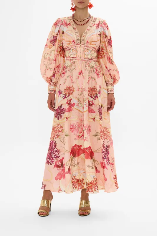 SHAPED WAISTBAND DRESS WITH GATHERED SLEEVES BLOSSOMS AND BRUSHSTROKES sold by Camilla