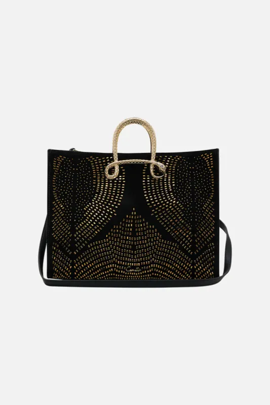 EAST WEST TOTE WITH SNAKE HANDLE SOLID BLACK sold by Camilla