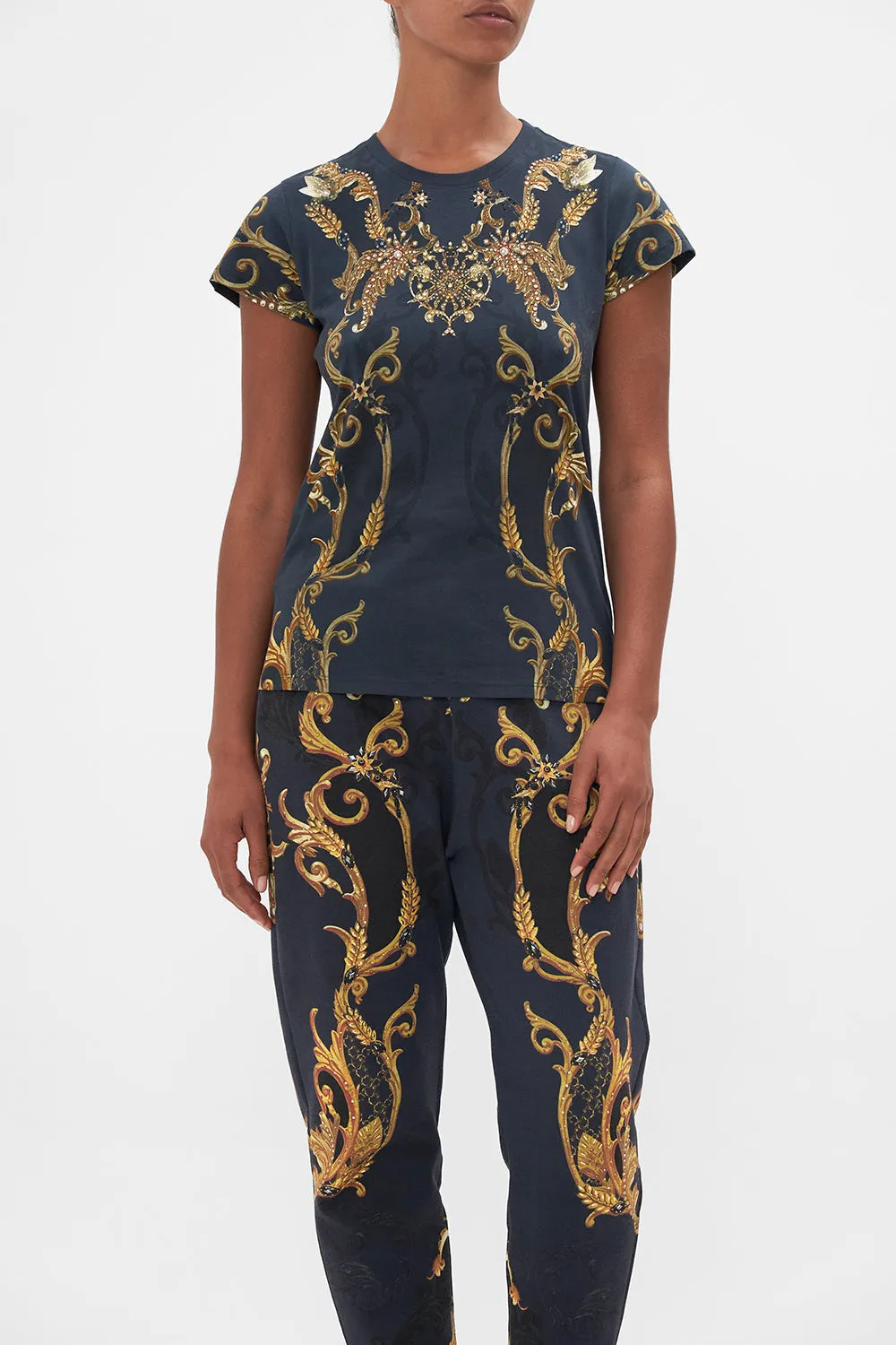 ORGANIC COTTON SLIM FIT TEE – GOLD/NAVY MOONLIGHT MELODIES sold by Camilla product image thumbnail 5