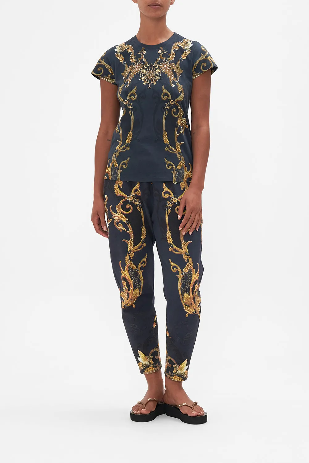 ORGANIC COTTON SLIM FIT TEE – GOLD/NAVY MOONLIGHT MELODIES sold by Camilla