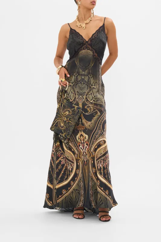 V NECK LONG BIAS SLIP DRESS WITH TRAIN NOUVEAU NOIR sold by Camilla