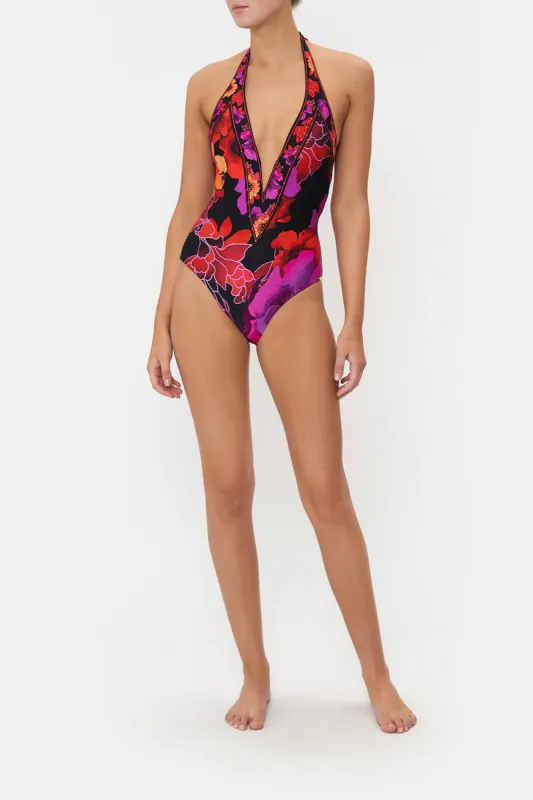 PLUNGE V HALTER ONE PIECE MIDNIGHT POPPY sold by Camilla