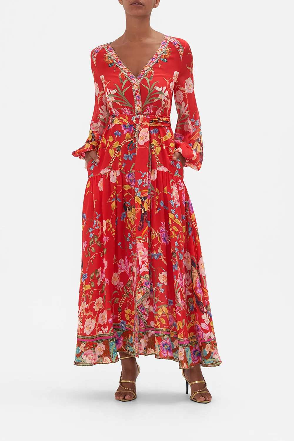 V NECK DRESS WITH BELT RUFFLE SOME FEATHERS sold by Camilla